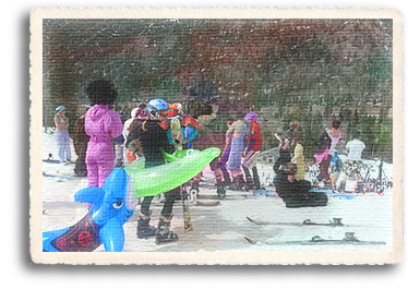 Beach Week at Red River Ski Area brings out the pool toys, tubes and swimwear. Here, skiiers wait in line to participate in the annual pond skimming event on closing day.